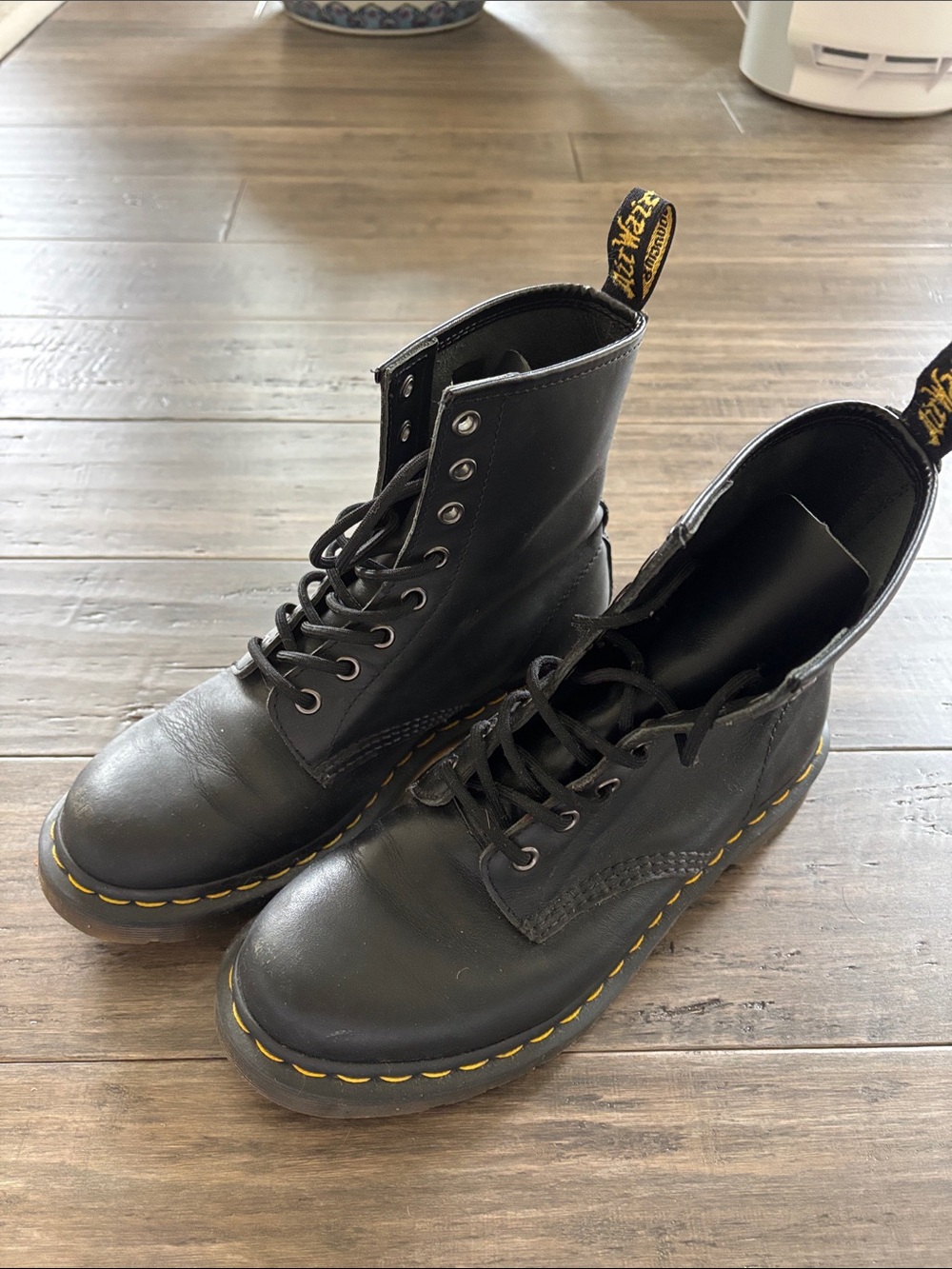 Dr. Martens Black Leather 8-Eye Boots with Yellow Stitching